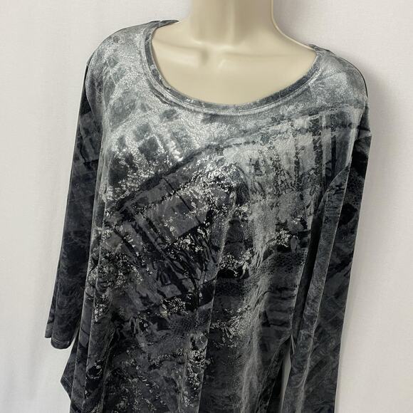 Chicos Top Size 3 Gray Black Stretch Velour Metallic Abstract Dressy Holiday XL - Picture 2 of 9